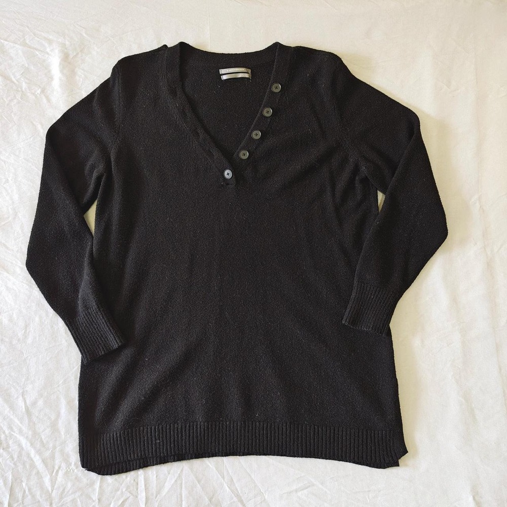 Anthropologie Black Button Henley V-Neck Tunic Sweater Size Large Soft Knit